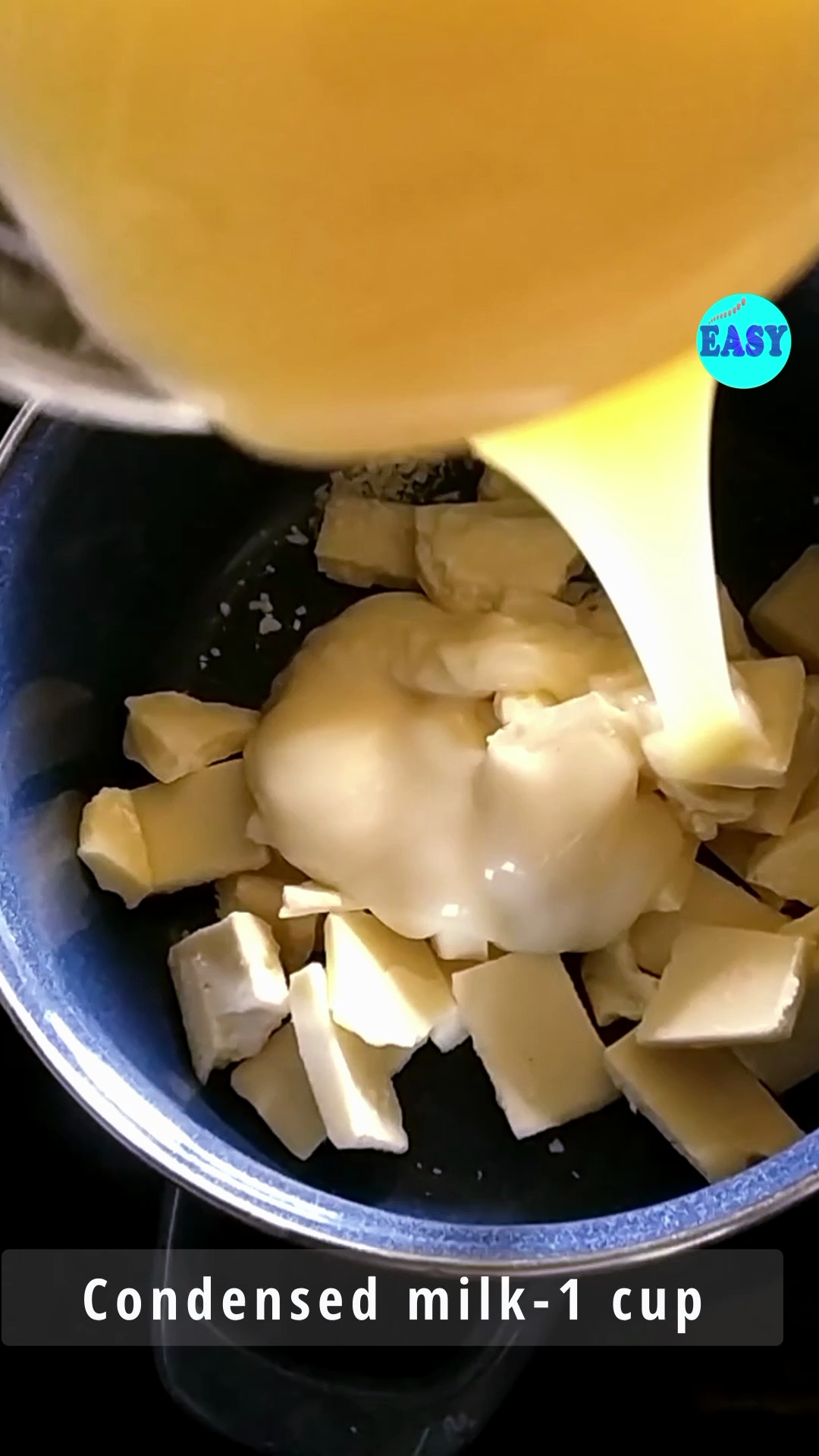Step 1 - Add the chopped white chocolate, sweetened condensed milk and butter to a  saucepan and place over low heat. Stir continuously until the white chocolate is fully melted and the mixture is smooth.
