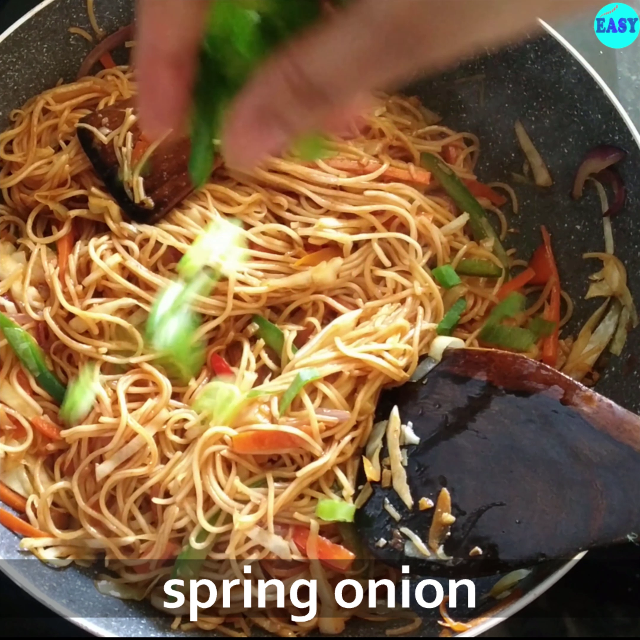 Step 13 - Then switch off the flames and add spring onions. Mix and  serve immediately and garnish it with spring onion.